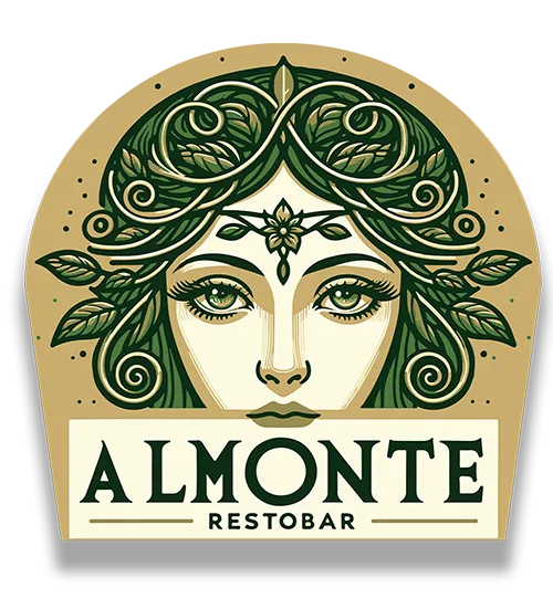 Logo de Almonte Restobar: el rostro de la Madre Monte con cabello de hojas